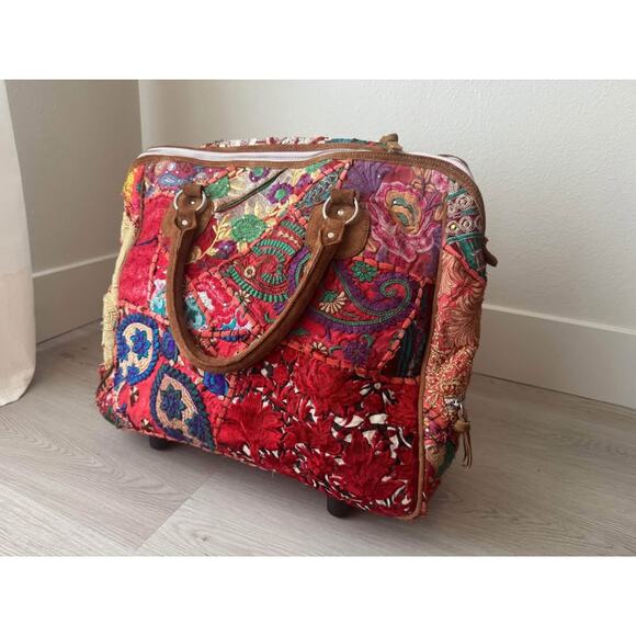 Free People Marrakesh Patched Weekender Rolling Cart Luggage - Picture 7 of 10